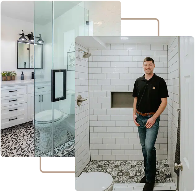 Alex Weeks of Northbuilt Construction in a completed primary bathroom
