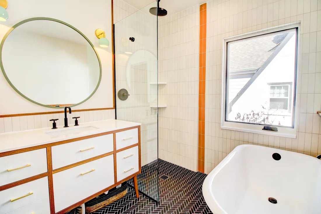 Accessible primary bathroom on Cherry Street in Denver, Colorado with a zero-threshold shower